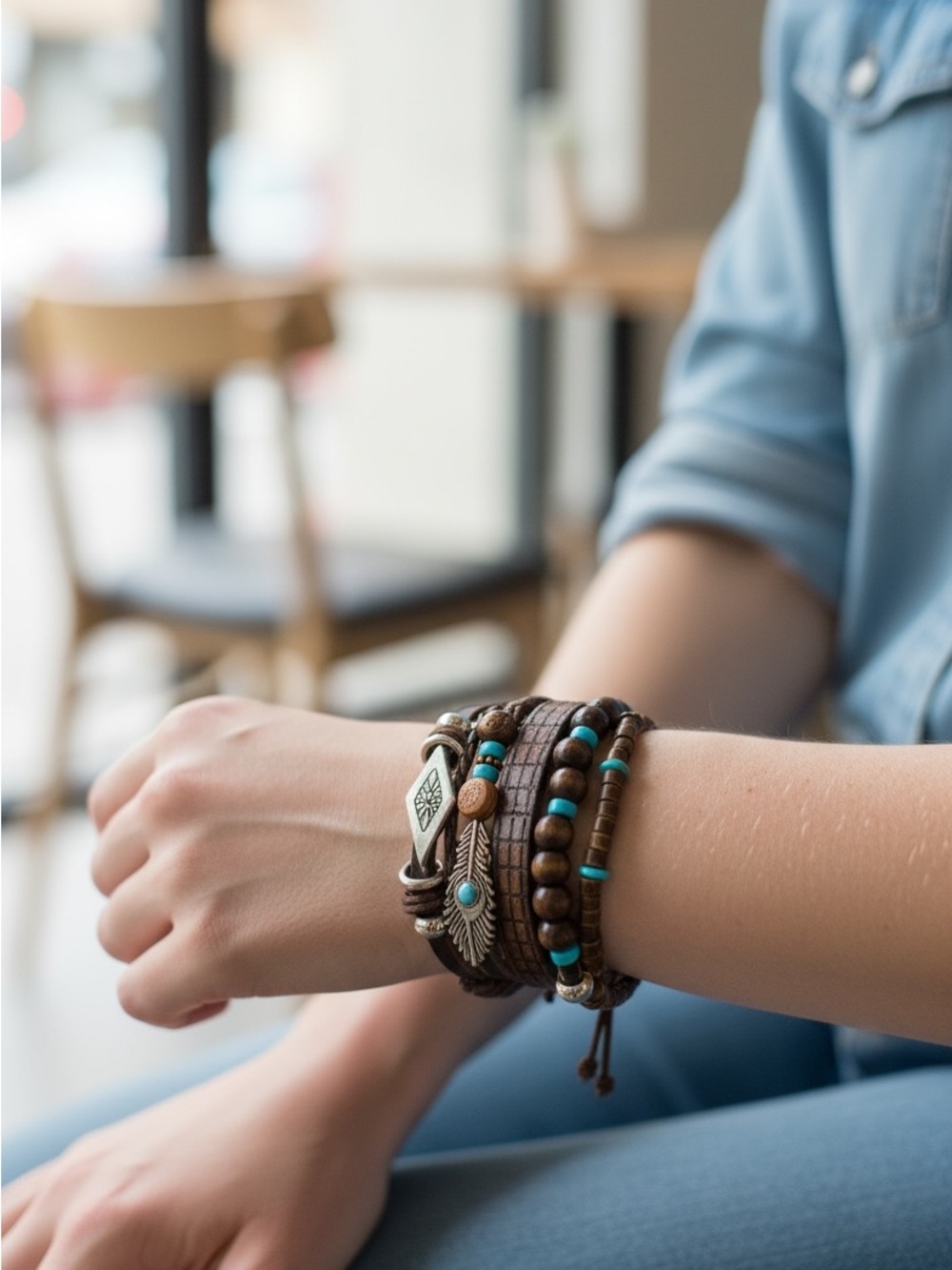 8/5 Boho Layered Brown Leather & Turquoise Bead Bracelet Set